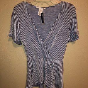 blue and white striped wrap-top